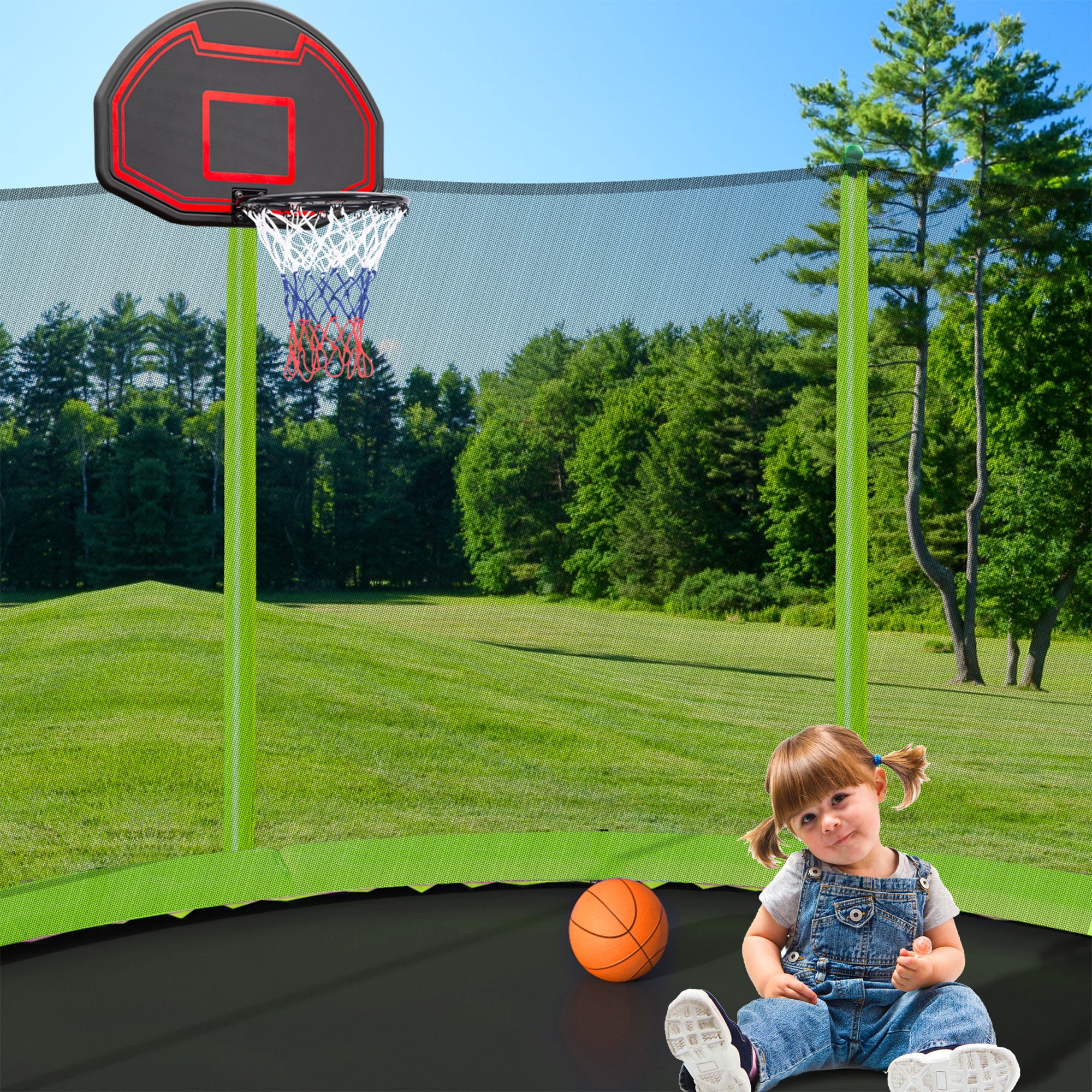 15FT Trampoline with Basketball Hoop Inflator and Ladder(Inner Safety Enclosure) Green