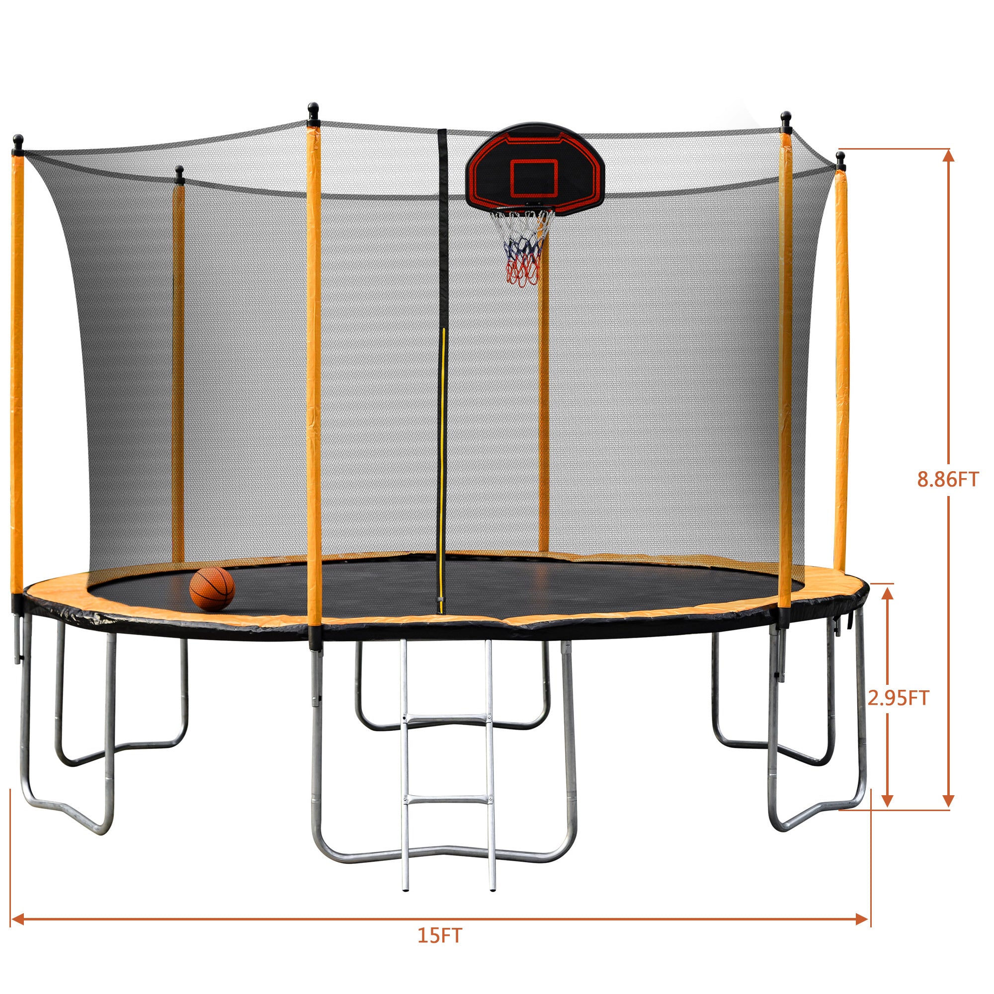 15FT Trampoline with Basketball Hoop Inflator and Ladder(Inner Safety Enclosure) Orange