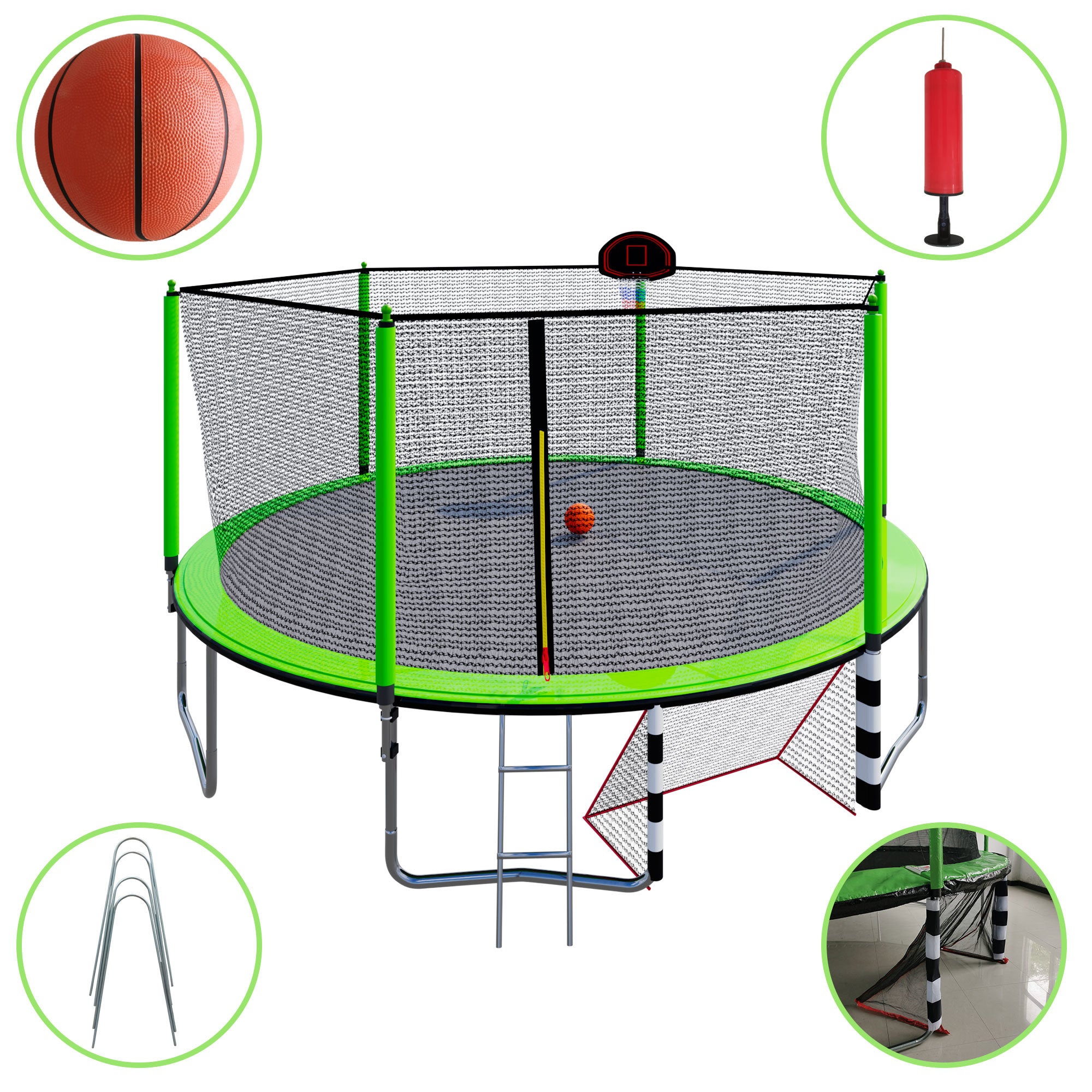 16FT Trampoline with Basketball Hoop pump and Ladder(Inner Safety Enclosure) with soccer goal Green