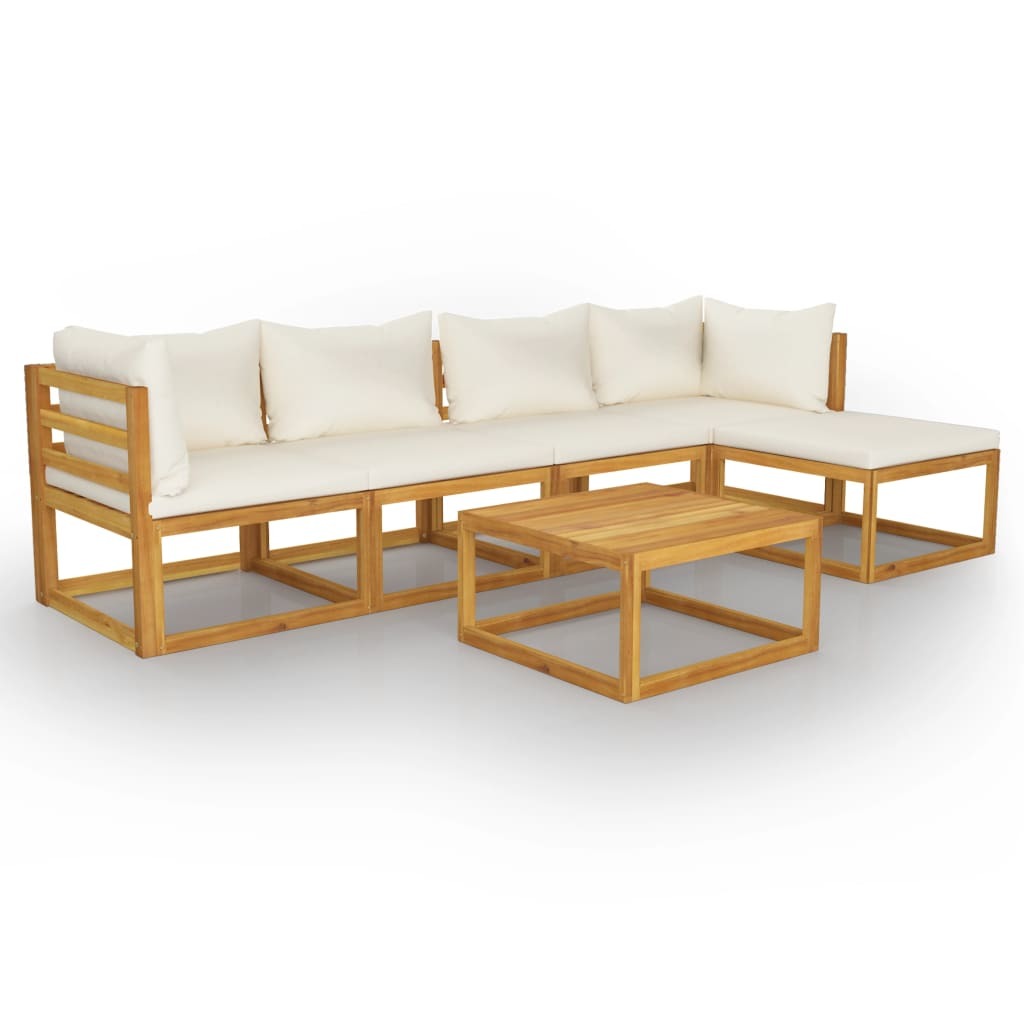 6 Piece Patio Lounge Set with Cushion Cream Solid Acacia Wood - WoodPoly.com