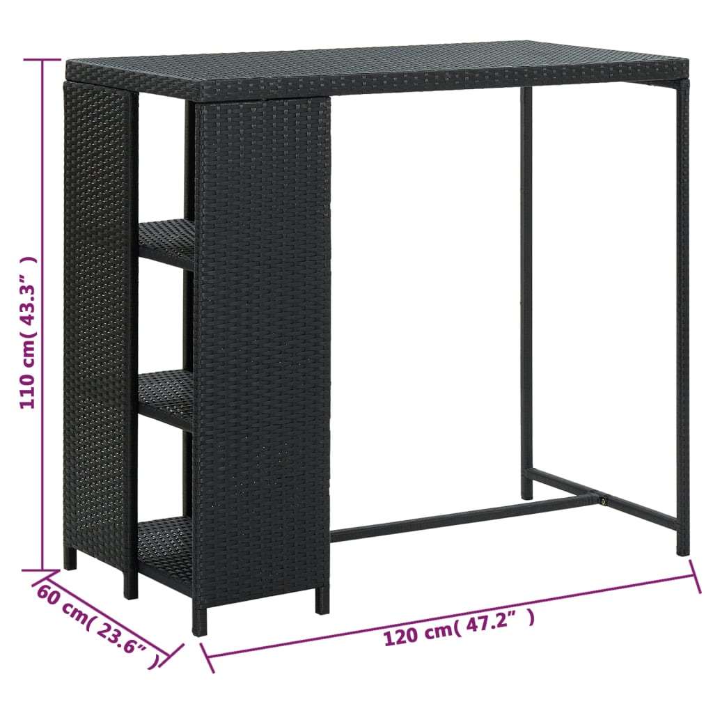 Bar Table with Storage Rack Black 47.2"x23.6"x43.3" Poly Rattan - WoodPoly.com