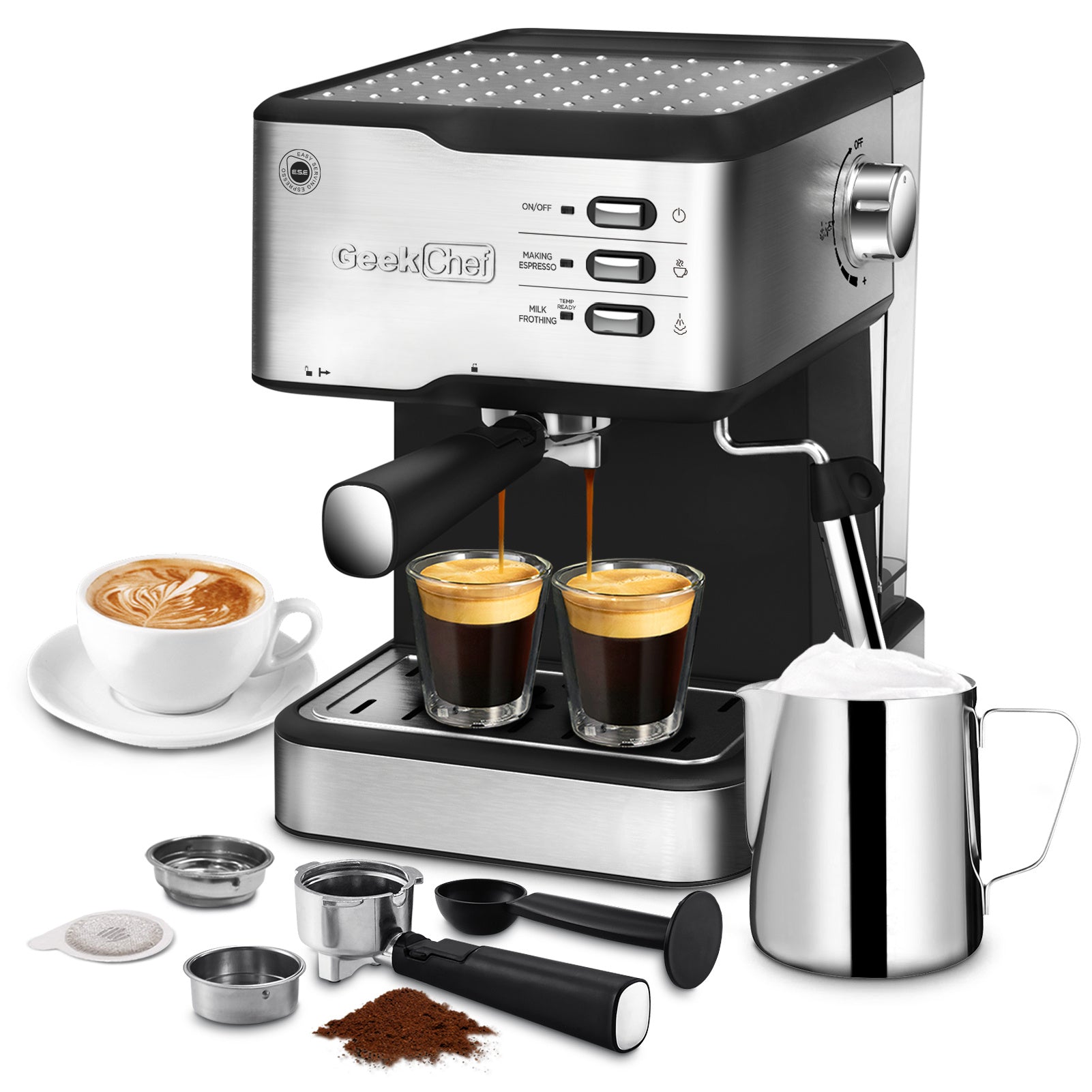 Geek Chef Espresso Machine, Espresso and Cappuccino latte Maker 20 Bar Pump Coffee Machine Compatible with ESE POD capsules filter&Milk Frother Steam Wand,950W,1.5L Water Tank Ban on Amazon