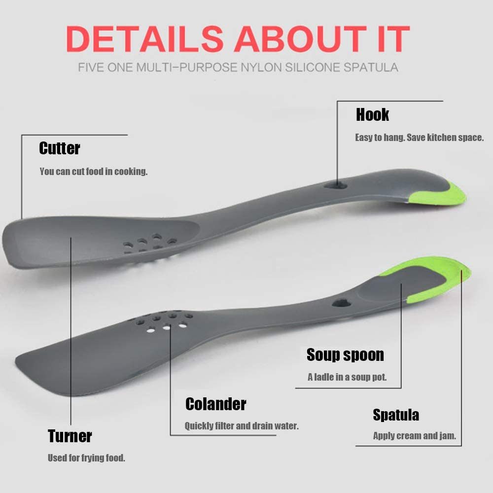 Multi-Function 5 in 1 Leaking Shovel Heat-Resistant Silicone Shovel Leaking Cooking Spoon Spatula Serrated Edge Kitchen Cooking Utensils - WoodPoly.com