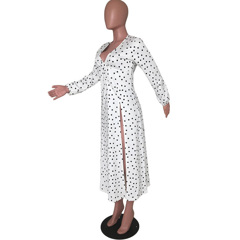 Printed Polka-dot V Neck Split Long Dress - WoodPoly.com