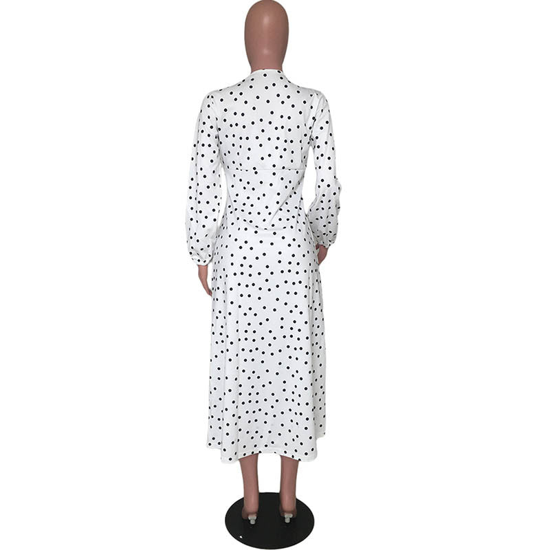 Printed Polka-dot V Neck Split Long Dress - WoodPoly.com